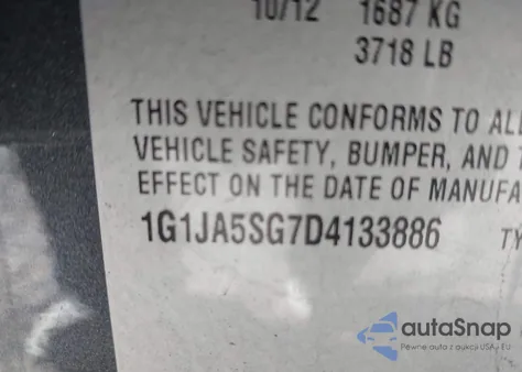 2013 Chevrolet Sonic Ls Auto z USA, uszkodzony, nr VIN 1G1JA5SG7D4133886